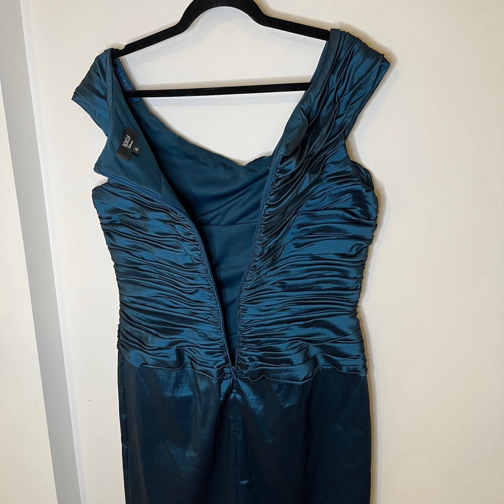 Tadashi Shoji Ruched Sheath Dress Teal Blue Sheen Asymmetrical Cap Sleeve 14 - Picture 14 of 17